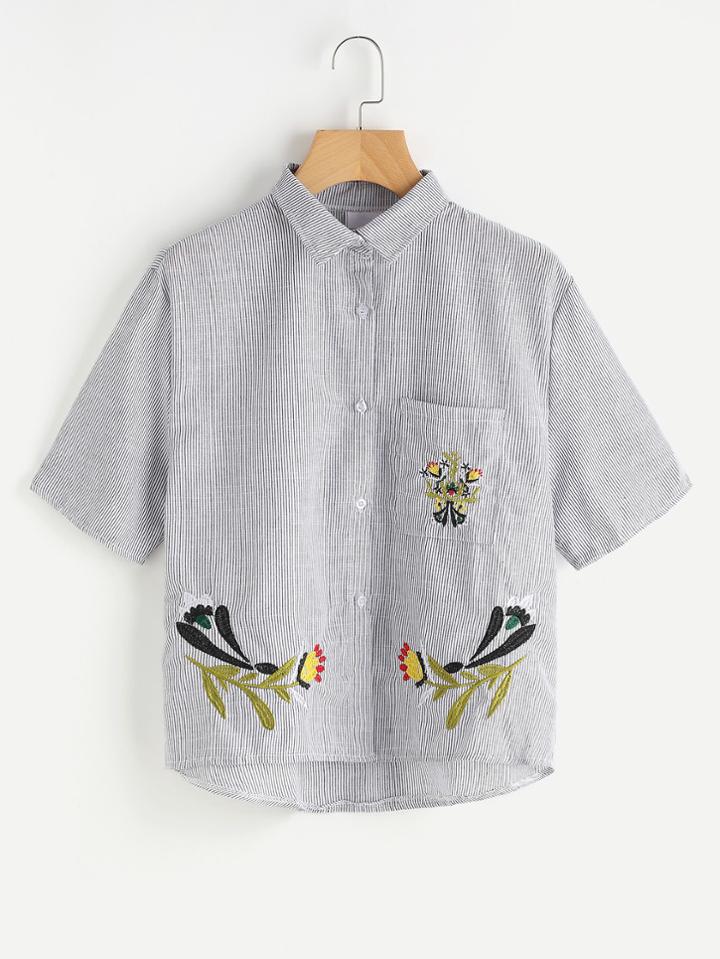 Romwe Embroidered Pinstripe Dip Hem Shirt With Chest Pocket