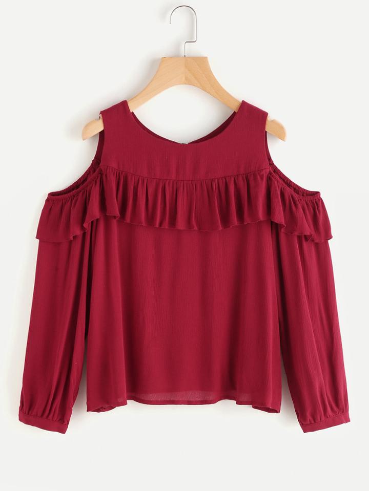 Romwe Open Shoulder Frill Trim Crinkle Top
