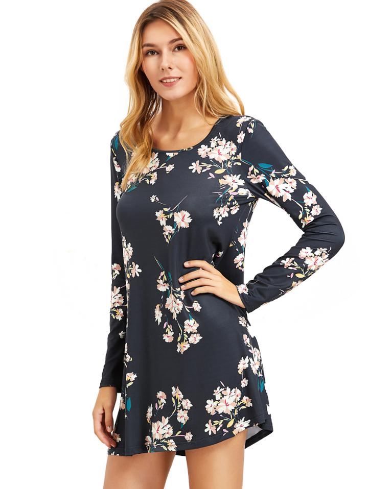 Romwe Floral Print V Neck Lattice-back Skater Dress