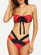 Romwe Halter Neck Strappy Contrast Bandeau Bikini Set