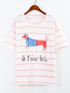 Romwe Pink Striped Dog Print T-shirt