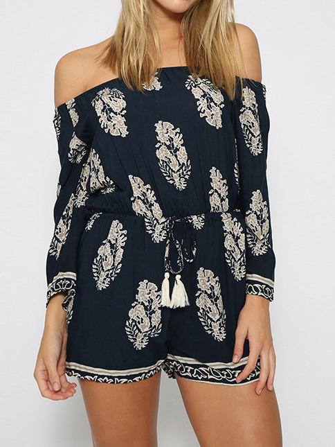 Romwe Navy Off The Shoulder Floral Drawstring Jumpsuit