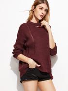 Romwe Burgundy Dropped Shoulder Seam Cutout Neck Distressed Sweater