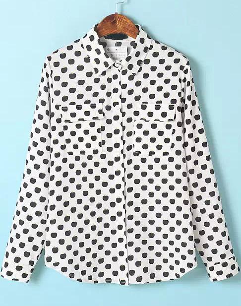 Romwe White Long Sleeve Polka Dot Pockets Blouse