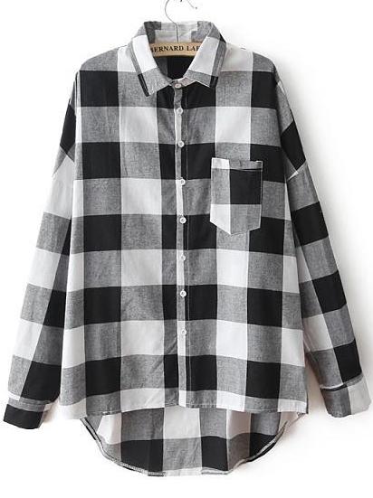 Romwe Check Print Dip Hem Pocket Black Blouse
