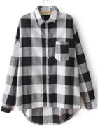 Romwe Check Print Dip Hem Pocket Black Blouse