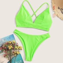 Romwe Neon Green Crisscross Tie Back Bikini Set