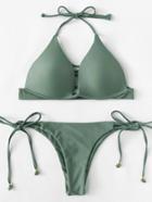Romwe Self Tie Plain Bikini Set