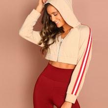 Romwe Striped Tape Sleeve Crop Zipper Hooded Sweatshirt