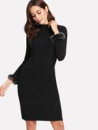 Romwe Contrast Faux Fur Cuff Ribbed Dress