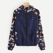 Romwe Contrast Camo Print Zip Up Hooded Jacket