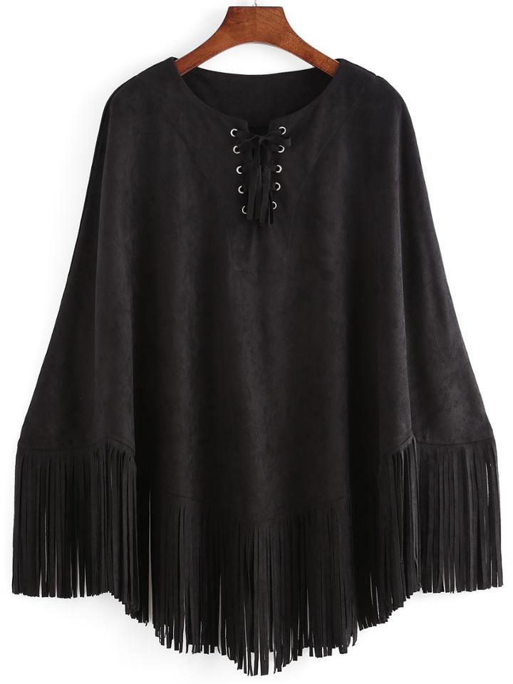 Romwe Lace Up Fringe Suede Poncho