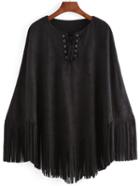 Romwe Lace Up Fringe Suede Poncho