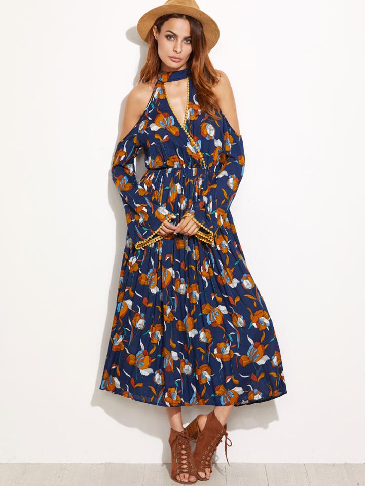 Romwe Black Flower Print Open Shoulder Dress With Choker Detail