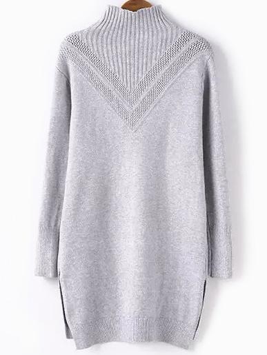 Romwe Polo Neck Dip Hem Eyelet Grey Sweater Dress