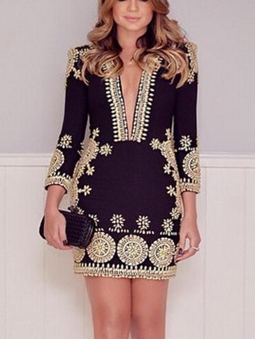 Romwe Deep V Neck Printed Sheath Dress