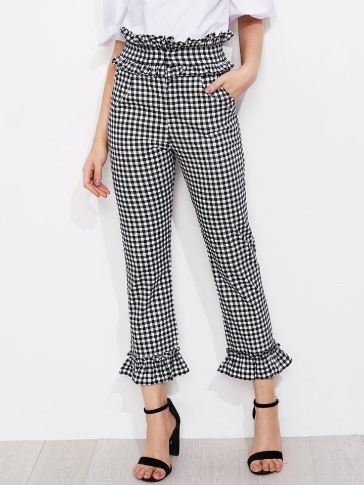 Romwe Gingham Frill Trim Pants