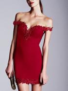 Romwe Red Sweetheart Neck Lace Slim Bodycon Dress