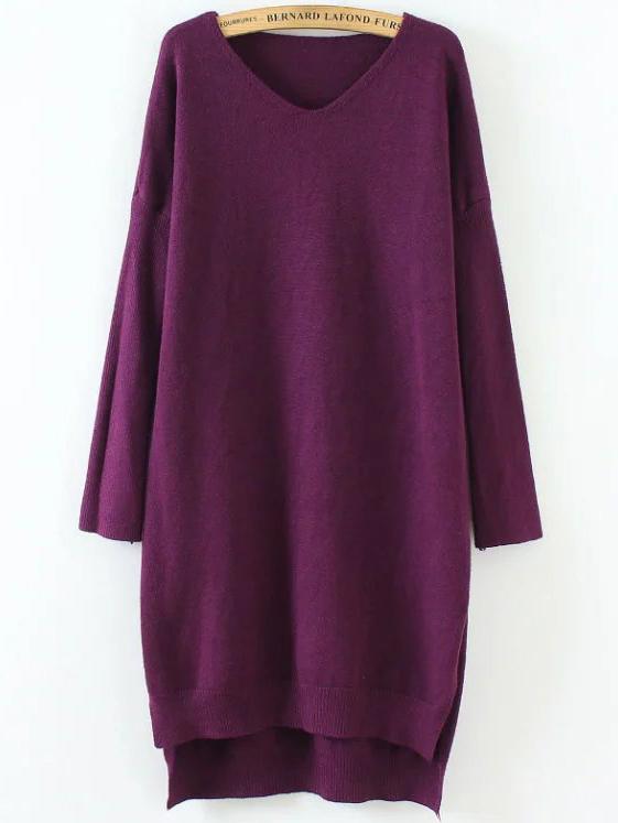 Romwe Red V Neck Drop Shoulder Dip Hem Sweater Dress