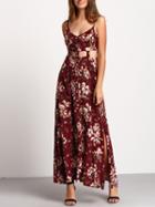 Romwe Red Spaghetti Strap Floral Midriff Split Dress