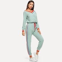 Romwe Contrast Striped Trim Drawstring Waist Jumpsuit