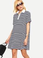 Romwe Navy Striped Loose-fit Polo Dress