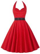 Romwe Red Polka Dot Halter Flare Dress