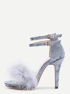 Romwe Grey Feather Embellished Ankle Strap Stiletto Velvet Sandals