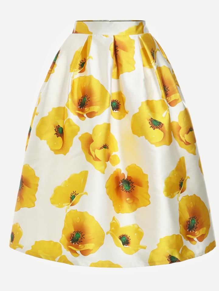 Romwe Yellow Floral Print Zipper Flare Skirt