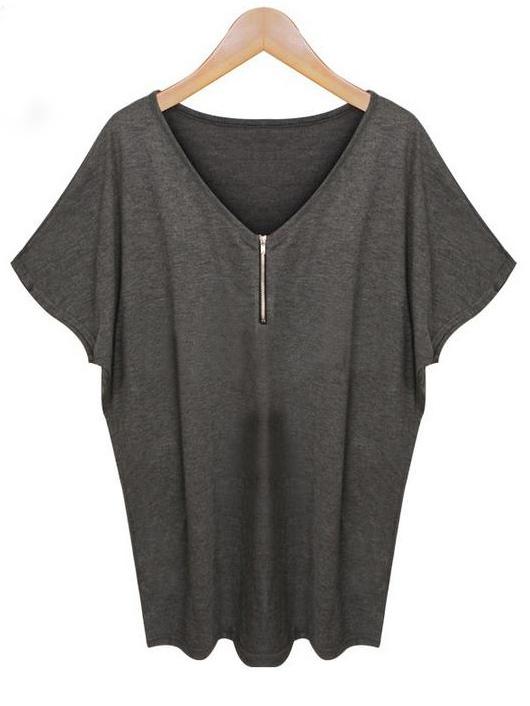 Romwe Zipper Front Bat Sleeve Grey T-shirt