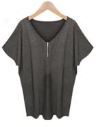 Romwe Zipper Front Bat Sleeve Grey T-shirt