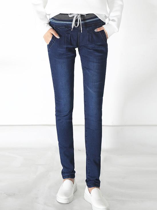 Romwe Elastic Waist Slim Denim Blue Pant