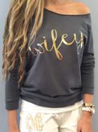 Romwe Grey Letter Print Raw Edge Neck Sweatshirt