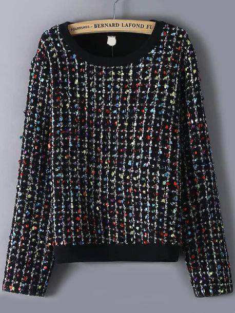 Romwe Round Neck Plaid Black Sweatshirt