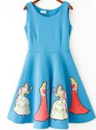 Romwe Blue Sleeveless Disney Princess Print Dress
