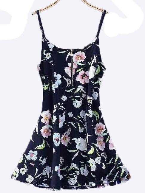 Romwe Black Spaghetti Strap Florals A-line Dress