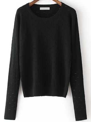 Romwe Long Sleeve Eyelet Black Sweater
