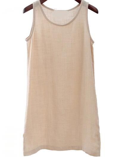 Romwe Cotton And Linen Tank Dress - Beige