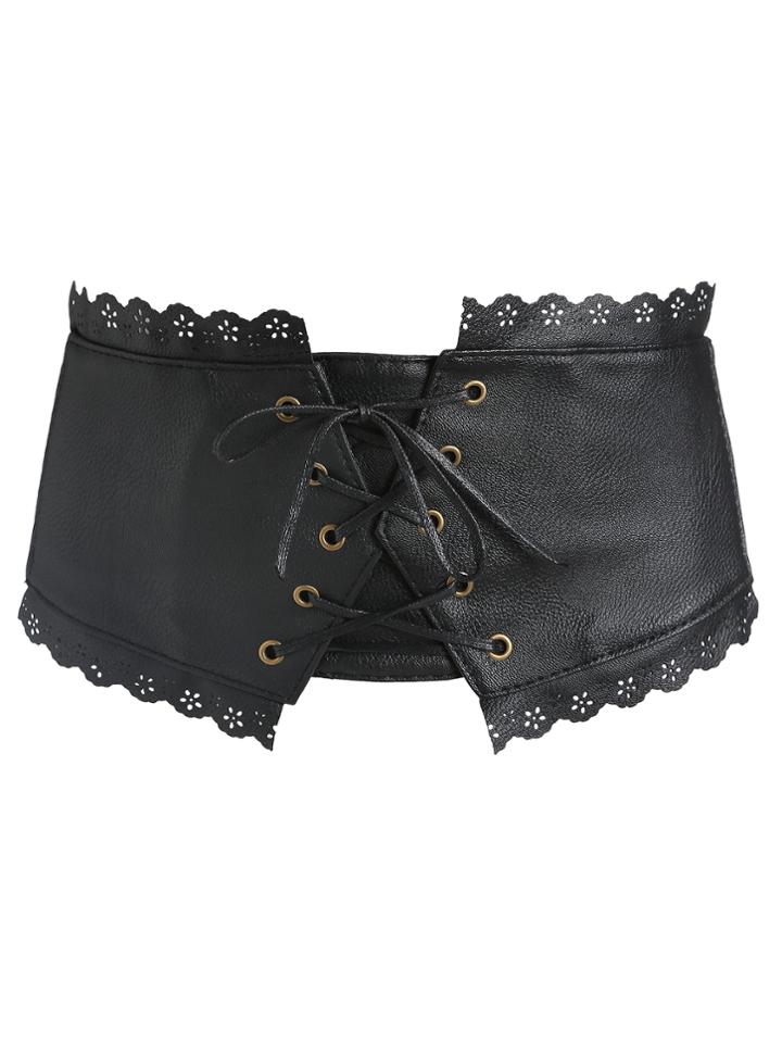 Romwe Black Lace Up Front Scalloped Trim Waist Belt