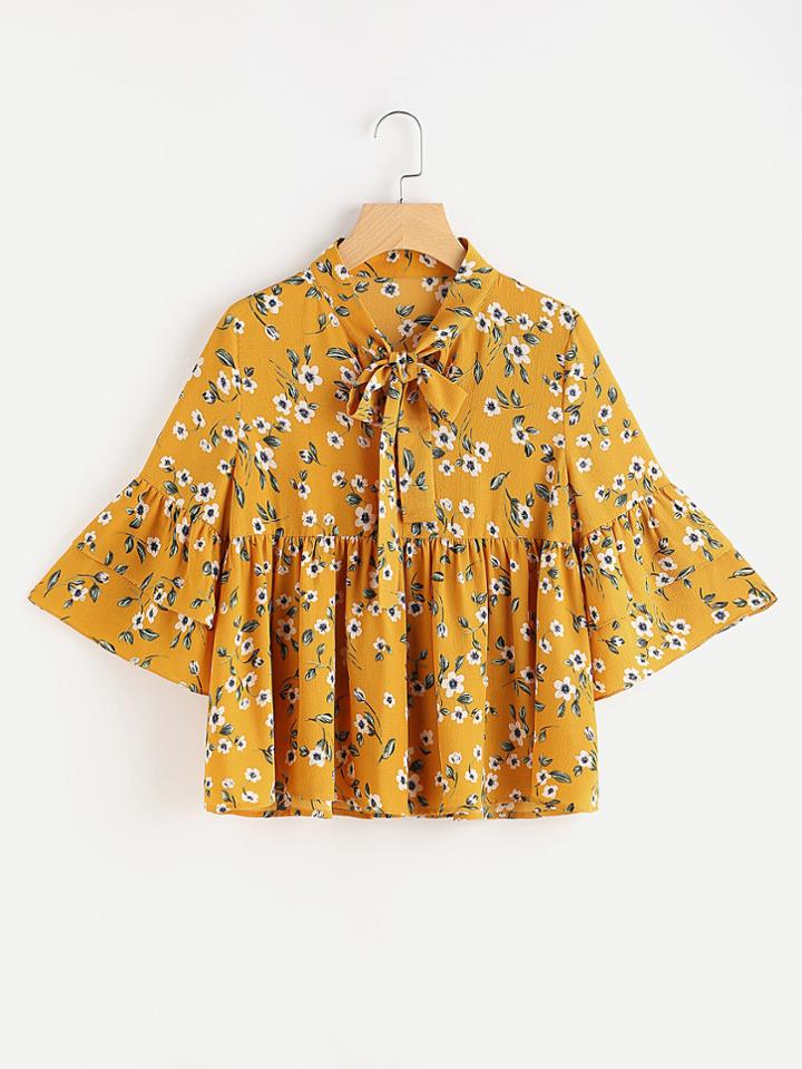 Romwe Bow Neck Layered Bell Sleeve Botanical Top
