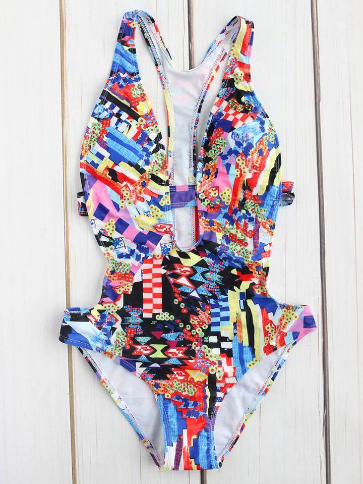 Romwe Geometric Print Plunge Neck Monokini