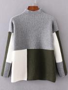 Romwe Color Block Mock Neck Drop Shoulder Sweater