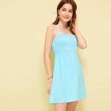Romwe Solid Shirred Halter Dress