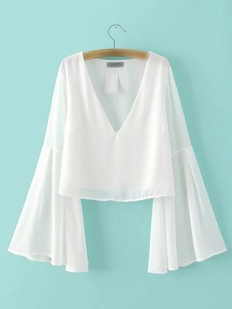 Romwe White Bell Sleeve V Neck Chiffon Blouse