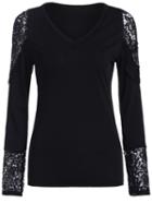 Romwe Black V Neck Lace Insert Slim Top