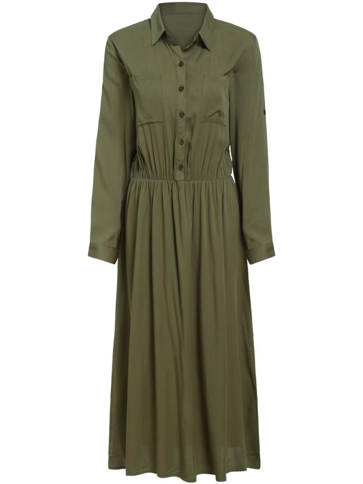Romwe Lapel Buttons Pleated Shirt Dress