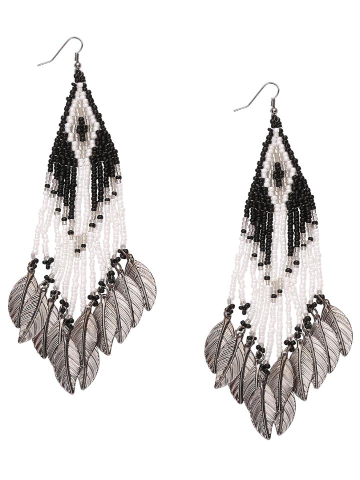 Romwe Beads Leaf Shaped Fringe Drop Earrings