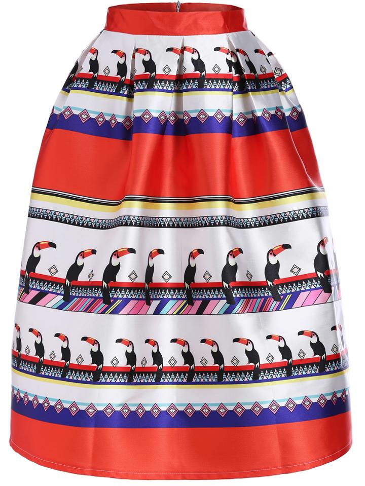 Romwe Pecker Print Flare Skirt