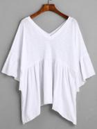 Romwe White V Neck Ruffle Hem T-shirt