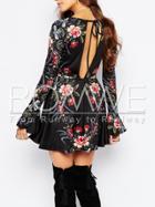 Romwe Black Long Sleeve Backless Floral Dress